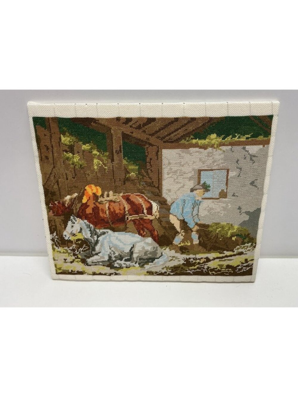 Vtg Handmade Completed Needlepoint Horses Farm Country Cross Stitch 11.5 X 10